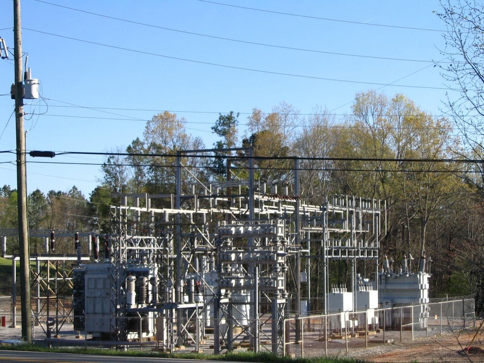 Outdoor electrical power substation with transformers and switchgear
